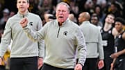Mar 6, 2025; Iowa City, Iowa, USA; Michigan State Spartans head coach Tom Izzo reacts during the second half against the Iowa Hawkeyes at Carver-Hawkeye Arena. Mandatory Credit: Jeffrey Becker-Imagn Images