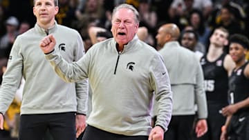 Mar 6, 2025; Iowa City, Iowa, USA; Michigan State Spartans head coach Tom Izzo reacts during the second half against the Iowa Hawkeyes at Carver-Hawkeye Arena. Mandatory Credit: Jeffrey Becker-Imagn Images