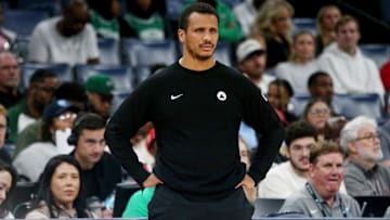 Oct 8, 2025; Memphis, Tennessee, USA; Boston Celtics head coach Joe Mazzulla looks on during the third quarter against the Memphis Grizzlies at FedExForum. 