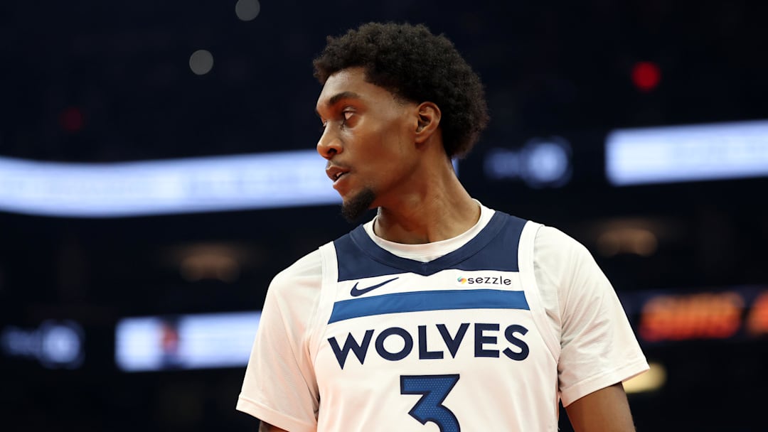 Nov 21, 2025; Phoenix, Arizona, USA; Minnesota Timberwolves forward Jaden McDaniels (3) against the Phoenix Suns during an NBA Cup game at Mortgage Matchup Center. Mandatory Credit: Mark J. Rebilas-Imagn Images Nov 21, 2025; Phoenix, Arizona, USA; Minnesota Timberwolves forward Jaden McDaniels (3) against the Phoenix Suns during an NBA Cup game at Mortgage Matchup Center. Mandatory Credit: Mark J. Rebilas-Imagn Images