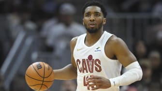 Apr 22, 2024; Cleveland, Ohio, USA; Cleveland Cavaliers guard Donovan Mitchell (45) brings the ball up court in the second quarter against the Orlando Magic during game two of the first round of the 2024 NBA playoffs at Rocket Mortgage FieldHouse. Mandatory Credit: David Richard-USA TODAY Sports