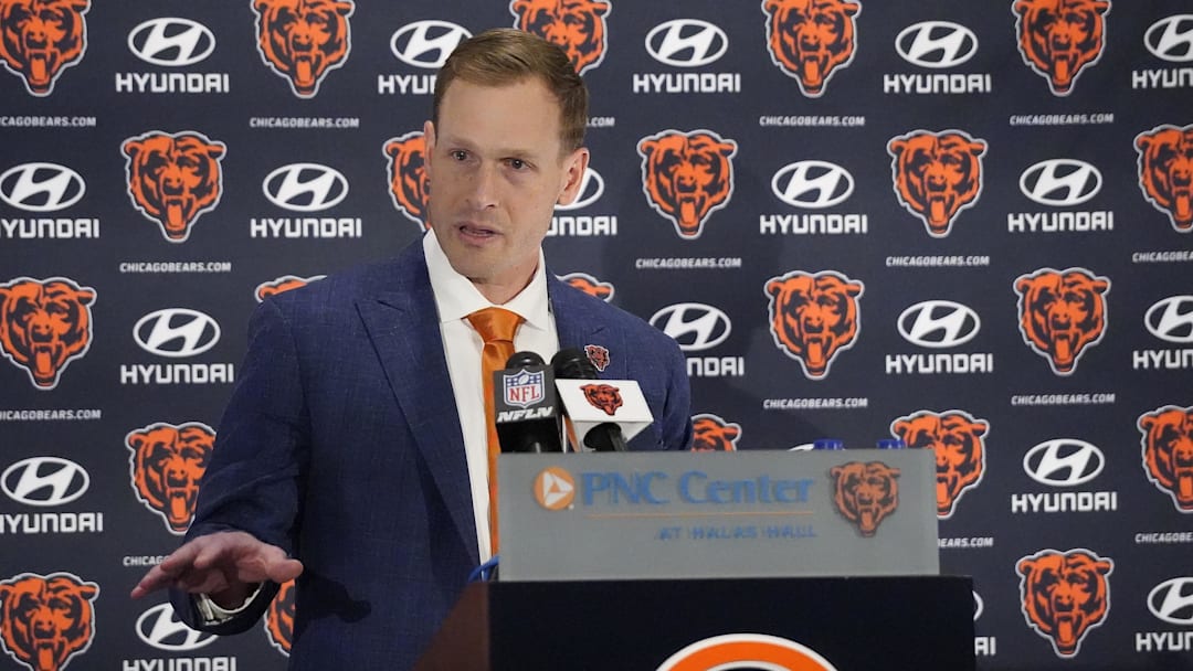 Jan 22, 2025; Lake Forest, IL, USA; Chicago Bears head coach Ben Johnson answers questions during a introductory press conference at PNC Center. Mandatory Credit: David Banks-Imagn Images