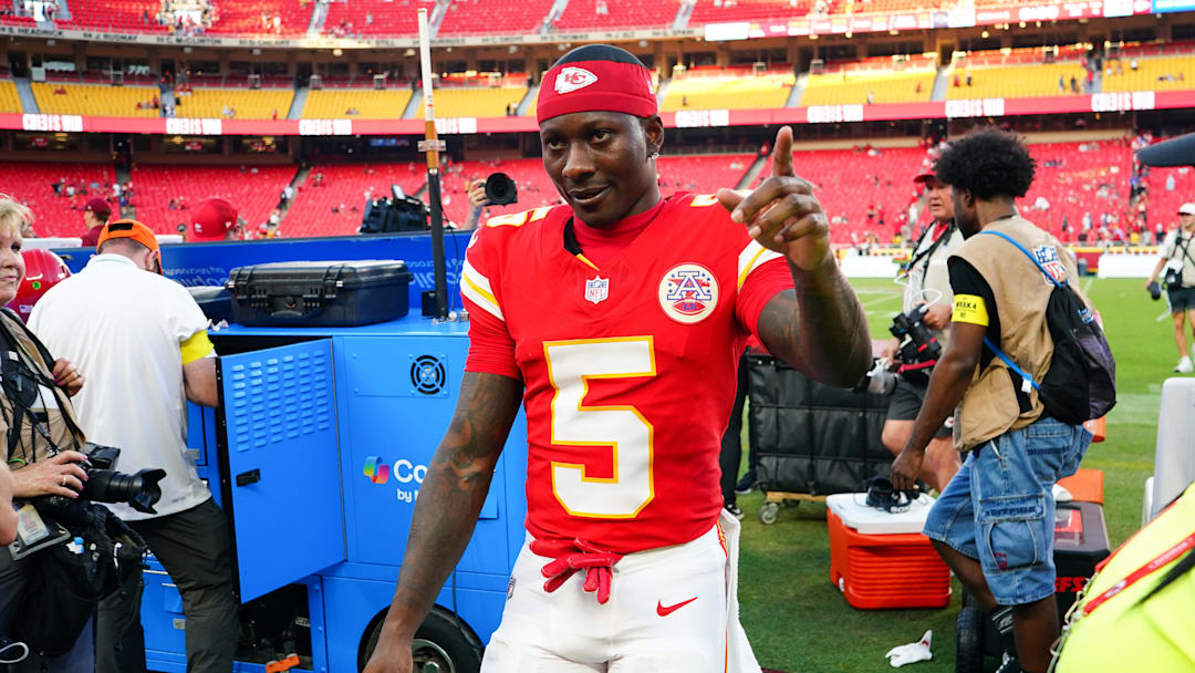 Sep 28, 2025; Kansas City, Missouri, USA; Kansas City Chiefs wide receiver Hollywood Brown (5) celebrates after the game against the Baltimore Ravens at GEHA Field at Arrowhead Stadium. Mandatory Credit: Denny Medley-Imagn Images