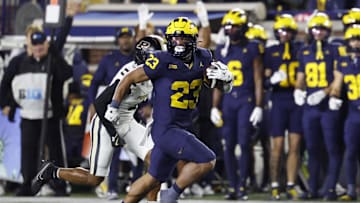 Nov 1, 2025; Ann Arbor, Michigan, USA;  Michigan Wolverines running back Jordan Marshall (23) rushes for a touchdown in the first half against the Purdue Boilermakers at Michigan Stadium. Mandatory Credit: Rick Osentoski-Imagn Images