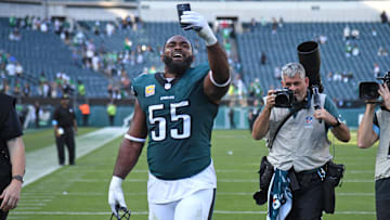 Oct 13, 2024; Philadelphia, Pennsylvania, USA; Philadelphia Eagles defensive end Brandon Graham (55) walks off the field after win against the Cleveland Browns at Lincoln Financial Field. Mandatory Credit: Eric Hartline-Imagn Images