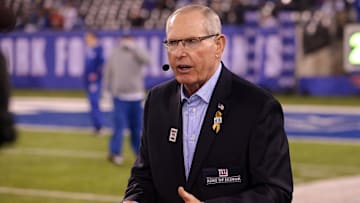 Nov 14, 2016; East Rutherford, NJ, USA; New York Giants former head coach Tom Coughlin is interviewed before a game between the New York Giants and the Cincinnati Bengals at MetLife Stadium. The Giants will induct Coughlin into their Ring of Honor during a halftime ceremony. Mandatory Credit: Brad Penner-Imagn Images