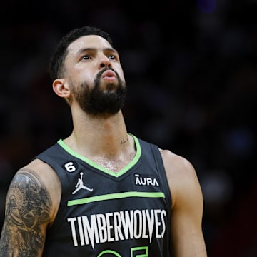 Dec 26, 2022; Miami, Florida, USA; Minnesota Timberwolves guard Austin Rivers (25) reacts from the court during the second quarter against the Miami Heat at FTX Arena. Mandatory Credit: Sam Navarro-Imagn Images