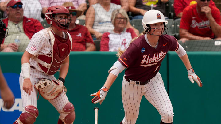 May 17, 2025; Tuscaloosa, AL, USA; Virginia Tech batter Kylie Aldridge takes off for first after connect for a hit at Rhoads Stadium. Alabama defeated Virginia Tech 4-3 to advance to the final.