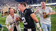 Vanderbilt quarterback Diego Pavia (2) celebrates their victory over Auburn after the game at FirstBank Stadium in Nashville, Tenn., Saturday, Nov. 8, 2025.