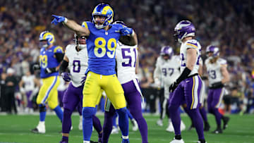 Jan 13, 2025; Glendale, AZ, USA; Los Angeles Rams tight end Tyler Higbee (89) reacts after a catch against the Minnesota Vikings during the first half in an NFC wild card game at State Farm Stadium. Mandatory Credit: Mark J. Rebilas-Imagn Images