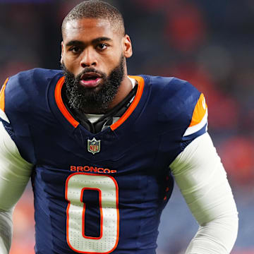 Dec 2, 2024; Denver, Colorado, USA; Denver Broncos linebacker Jonathon Cooper (0) before the game against the Cleveland Browns at Empower Field at Mile High. Mandatory Credit: Ron Chenoy-Imagn Images