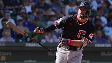 Mar 1, 2025; Mesa, Arizona, USA; Cleveland Guardians outfielder Tyler Freeman (2) draws a walk against the Chicago Cubs in the third inning at Sloan Park. Mandatory Credit: Rick Scuteri-Imagn Images