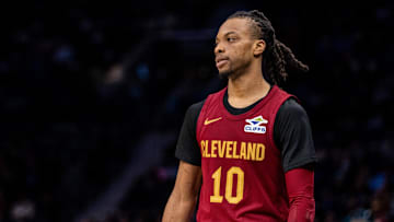 Mar 7, 2025; Charlotte, North Carolina, USA; Cleveland Cavaliers guard Darius Garland (10) looks on during the third quarter against the Charlotte Hornets at Spectrum Center. Mandatory Credit: Scott Kinser-Imagn Images