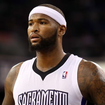 Nov 13, 2013; Sacramento, CA, USA; Sacramento Kings center DeMarcus Cousins (15) between plays against the Brooklyn Nets during the second quarter at Sleep Train Arena. Mandatory Credit: Kelley L Cox-USA TODAY Sports