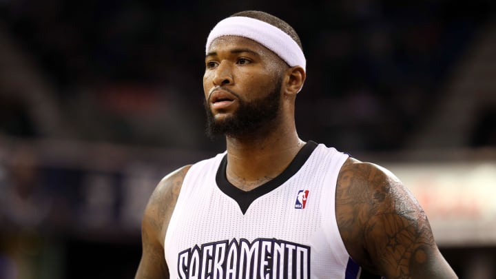 Nov 13, 2013; Sacramento, CA, USA; Sacramento Kings center DeMarcus Cousins (15) between plays against the Brooklyn Nets during the second quarter at Sleep Train Arena. Mandatory Credit: Kelley L Cox-USA TODAY Sports