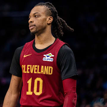 Mar 7, 2025; Charlotte, North Carolina, USA; Cleveland Cavaliers guard Darius Garland (10) looks on during the third quarter against the Charlotte Hornets at Spectrum Center. Mandatory Credit: Scott Kinser-Imagn Images