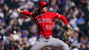 Sep 21, 2025; Denver, Colorado, USA; Los Angeles Angels relief pitcher Caden Dana (36) delivers a pitch in the fifth inning against the Colorado Rockies at Coors Field. Mandatory Credit: Ron Chenoy-Imagn Images