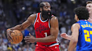 May 3, 2025; Denver, Colorado, USA; LA Clippers guard James Harden (1) prepares to pass the ball in the second quarter against the Denver Nuggets during game seven of first round for the 2025 NBA Playoffs at Ball Arena. Mandatory Credit: Ron Chenoy-Imagn Images
