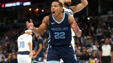 Oct 30, 2023; Memphis, Tennessee, USA; Memphis Grizzlies guard Desmond Bane (22) reacts after being called for an offensive foul during the second half against the Dallas Mavericks at FedExForum. Mandatory Credit: Petre Thomas-USA TODAY Sports