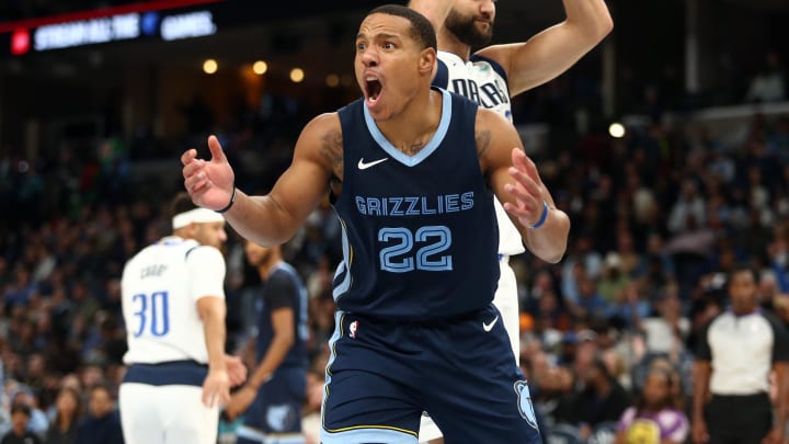 Oct 30, 2023; Memphis, Tennessee, USA; Memphis Grizzlies guard Desmond Bane (22) reacts after being called for an offensive foul during the second half against the Dallas Mavericks at FedExForum. Mandatory Credit: Petre Thomas-USA TODAY Sports