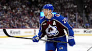 May 1, 2025; Denver, Colorado, USA; Colorado Avalanche center Nathan MacKinnon (29) during the first period against the Dallas Stars in game six of the first round of the 2025 Stanley Cup Playoffs at Ball Arena. Mandatory Credit: Ron Chenoy-Imagn Images