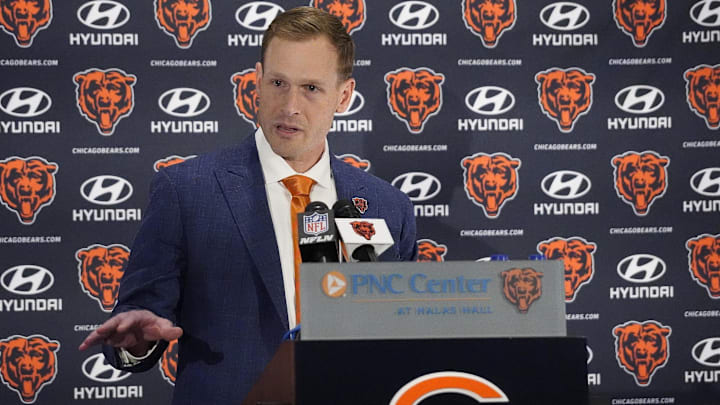 Jan 22, 2025; Lake Forest, IL, USA; Chicago Bears head coach Ben Johnson answers questions during a introductory press conference at PNC Center.