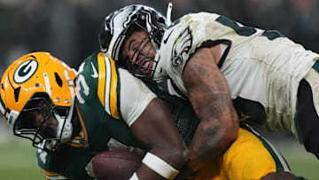 Philadelphia Eagles linebacker Zack Baun (53) tackles Green Bay Packers running back Emanuel Wilson last year in Brazil.