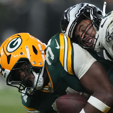 Philadelphia Eagles linebacker Zack Baun (53) tackles Green Bay Packers running back Emanuel Wilson last year in Brazil.