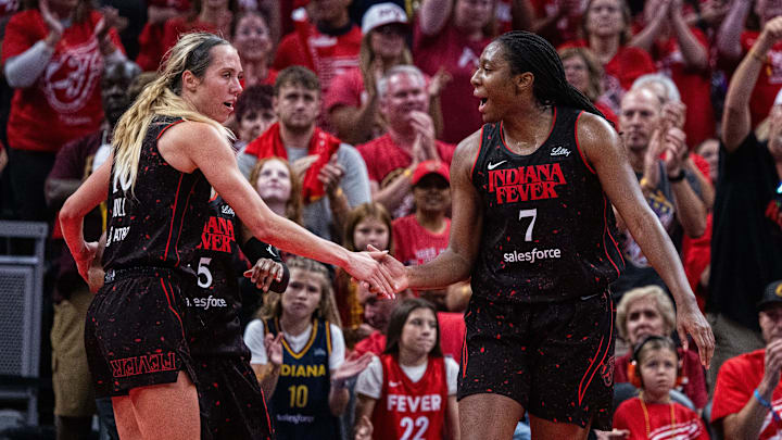 Aliyah Boston (right) had her best offensive performance of the playoffs in Game 4, finishing with 24 points, 14 rebounds and five assists