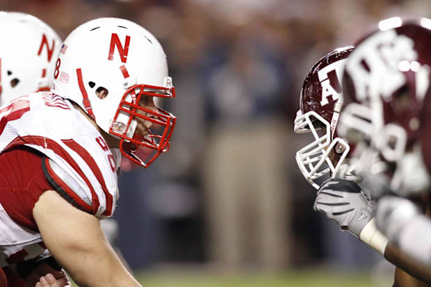 Nebraska Cornhuskers center Mike Caputo in action against the Texas A&M Aggies in 2010.