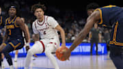Mar 12, 2025; Charlotte, NC, USA; Stanford Cardinal guard Oziyah Sellers (4) reacts to losing the ball going to the basket against the California Golden Bears during the second half at Spectrum Center. Mandatory Credit: Jim Dedmon-Imagn Images
