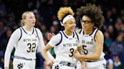 Notre Dame guard Hannah Hidalgo (3) and guard Olivia Miles (5) celebrate during a NCAA women's basketball game between Notre Dame and SMU at Purcell Pavilion on Sunday, Jan. 19, 2025, in South Bend.