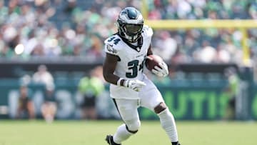 Aug 16, 2025; Philadelphia, Pennsylvania, USA; Philadelphia Eagles running back Montrell Johnson Jr. (34) in action against the Cleveland Browns at Lincoln Financial Field. Mandatory Credit: Bill Streicher-Imagn Images