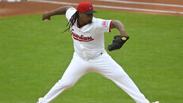 Apr 30, 2025; Cleveland, Ohio, USA; Cleveland Guardians starting pitcher Luis Ortiz (45) delivers a pitch in the first inning against the Minnesota Twins at Progressive Field. Mandatory Credit: David Richard-Imagn Images