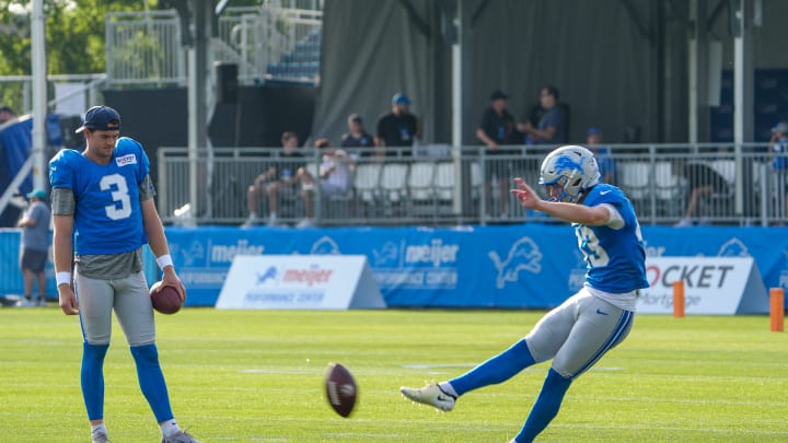 K Jake Bates practices his kicks.