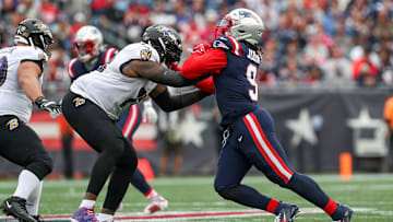 Sep 25, 2022; Foxborough, Massachusetts, USA; New England Patriots outside linebacker Matt Judon (9) during the second half against the Baltimore Ravens at Gillette Stadium. Mandatory Credit: Paul Rutherford-Imagn Images