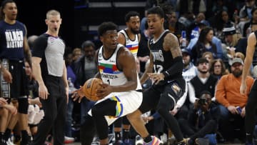 Feb 10, 2023; Memphis, Tennessee, USA; Minnesota Timberwolves guard Anthony Edwards (1) dribbles as