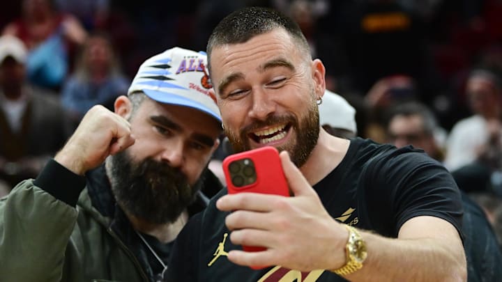 Jason Kelce and Travis Kelce at a Cleveland Cavaliers home game. Jason Kelce and Travis Kelce at a Cleveland Cavaliers home game.