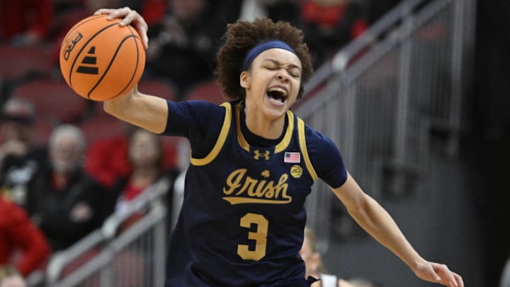 Mar 1, 2026; Louisville, Kentucky, USA;  Notre Dame Fighting Irish guard Hannah Hidalgo (3) celebrates after time expires for the second half against the Louisville Cardinals at KFC Yum! Center. Notre Dame defeated Louisville 65-62. Mandatory Credit: Jamie Rhodes-Imagn Images