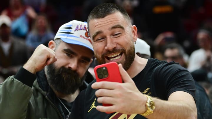 Mar 5, 2024; Cleveland, Ohio, USA; Cleveland natives and NFL players Travis, right, and Jason Kelce celebrate after the Cleveland Cavaliers beat the Boston Celtics during the second half at Rocket Mortgage FieldHouse. Mandatory Credit: Ken Blaze-USA TODAY Sports Mar 5, 2024; Cleveland, Ohio, USA; Cleveland natives and NFL players Travis, right, and Jason Kelce celebrate after the Cleveland Cavaliers beat the Boston Celtics during the second half at Rocket Mortgage FieldHouse. Mandatory Credit: Ken Blaze-USA TODAY Sports