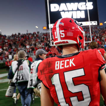 Georgia quarterback Carson Beck (15) heads to the locker room after a NCAA college football game against Missouri in Athens, Ga., on Saturday, Nov. 4, 2023. Georgia won 30-21.