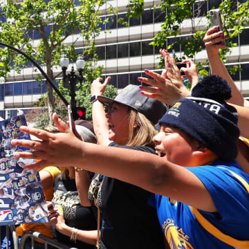  Jun 12, 2018; Oakland, CA, USA; Golden State Warriors guard Nick Young (6) walks inside the first barricade during the championship parade in downtown Oakland. Mandatory Credit: Kelley L Cox-USA TODAY Sports