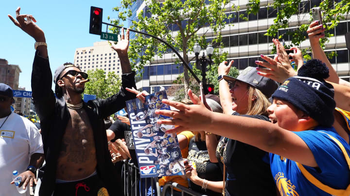  Jun 12, 2018; Oakland, CA, USA; Golden State Warriors guard Nick Young (6) walks inside the first barricade during the championship parade in downtown Oakland. Mandatory Credit: Kelley L Cox-USA TODAY Sports