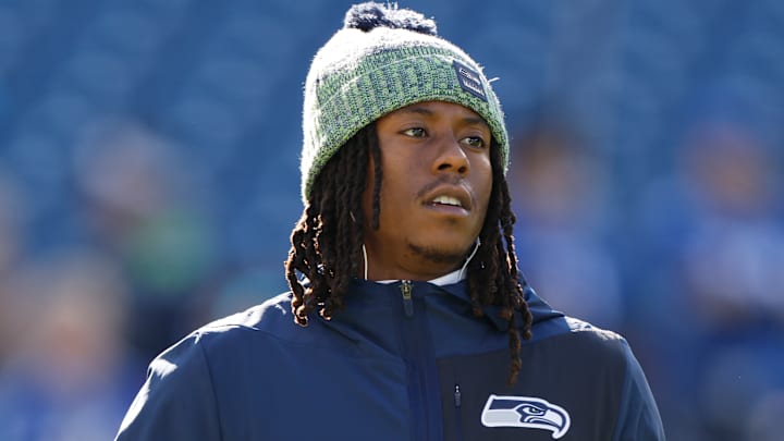 Seattle Seahawks WR Rashid Shaheed warms up before a game against the Tennessee TItans on Nov. 23, 2025.