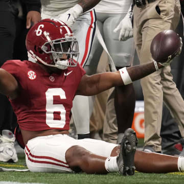 Dec 2, 2023; Atlanta, GA, USA; Alabama Crimson Tide wide receiver Kobe Prentice (6) reacts against the Georgia Bulldogs during the first half in the SEC Championship game at Mercedes-Benz Stadium. Mandatory Credit: Dale Zanine-USA TODAY Sports