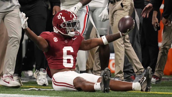 Dec 2, 2023; Atlanta, GA, USA; Alabama Crimson Tide wide receiver Kobe Prentice (6) reacts against the Georgia Bulldogs during the first half in the SEC Championship game at Mercedes-Benz Stadium. Mandatory Credit: Dale Zanine-USA TODAY Sports