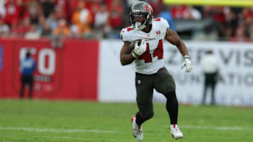 Nov 9, 2025; Tampa, Florida, USA; Tampa Bay Buccaneers running back Sean Tucker (44) runs for a gain during the fourth quarter against the New England Patriots at Raymond James Stadium. Mandatory Credit: Nathan Ray Seebeck-Imagn Images