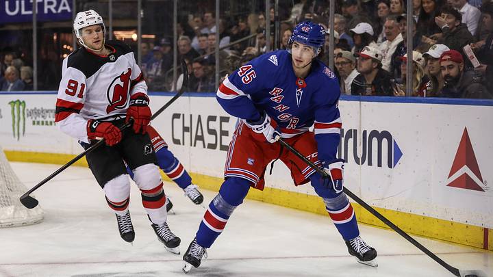Mar 31, 2026; New York, New York, USA; New York Rangers defenseman Drew Fortescue (45) at Madison Square Garden. Mandatory Credit: Wendell Cruz-Imagn Images Mar 31, 2026; New York, New York, USA; New York Rangers defenseman Drew Fortescue (45) at Madison Square Garden. Mandatory Credit: Wendell Cruz-Imagn Images