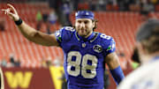 Nov 2, 2025; Landover, Maryland, USA; Seattle Seahawks tight end AJ Barner (88) celebrates while leaving the field after defeating the Washington Commanders at Northwest Stadium. Mandatory Credit: Amber Searls-Imagn Images