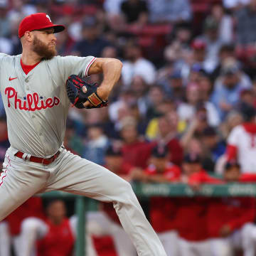 Jun 11, 2024; Boston, Massachusetts, USA; Philadelphia Phillies starting pitcher Zack Wheeler (45) throws a pitch during the second inning against the Boston Red Sox at Fenway Park.